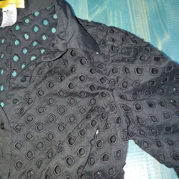 Long Sleeve Black Buttondown with Mesh Eyelet Cut Top 4 Petite - Picture 5 of 12